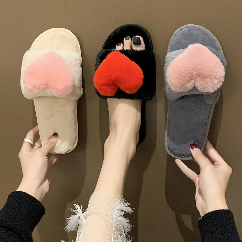 

Slippers COOTELILI Women Home Heart-Shaped Winter Warm Shoes Woman Slip On Flats Slides Female Faux Fur Casual 36-45, Beige