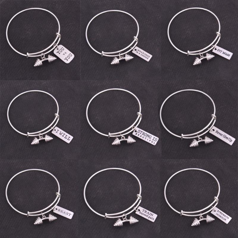 

5PCS Fitness Kettle bell dumbbell barbell Weakness IS A CHOICE STRONG IS BEAUTIFUL Gym Bodybuilding charm adjustable Bangles