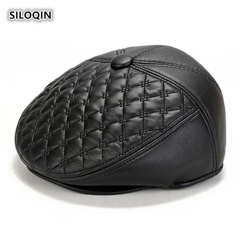 

SILOQIN Autumn Winter Middle Aged Elderly Men's Fashion Leather Berets Earmuffs Warm Leisure Motion Simple Tongue Cap Dad's Hat, Black