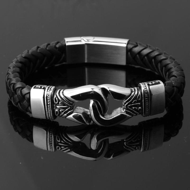 

Men's Bracelets Black Leather Strand Stainless Steel Knot Bracelet Male Fashion Jewelry Dropshipping Gifts 12.5mm