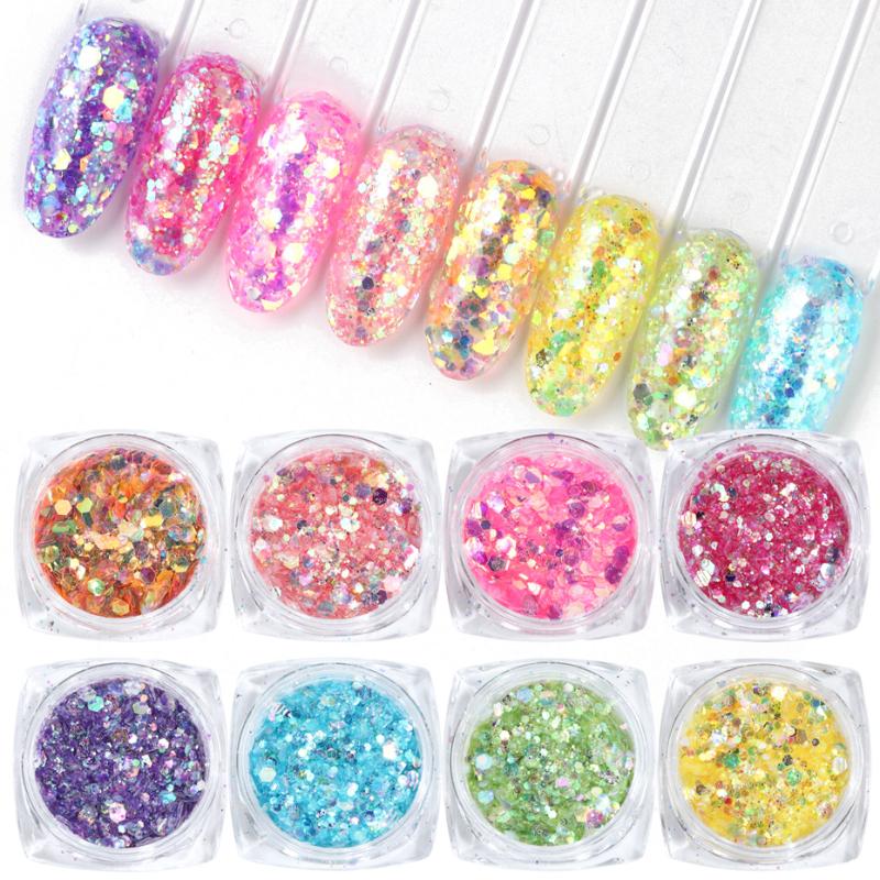 

8pcs Holo Mix Candy Color Nail Glitter Irregular Hexagon Flakes Sequins Nail Dust Powder for Gel Paillette Decoration JI1506-02
