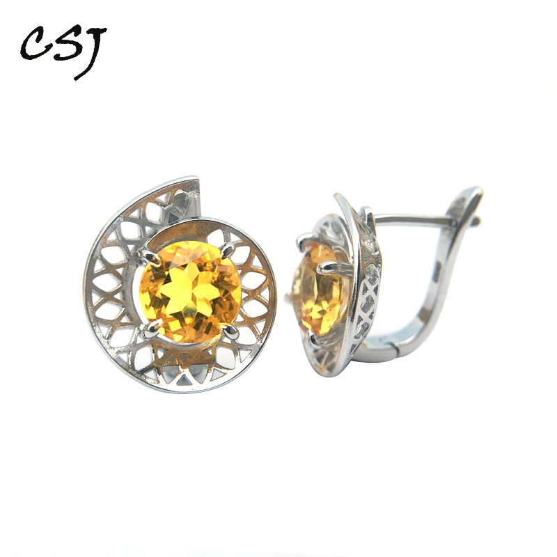 

CSJ Citrine quartz gemstone retro good Earring Sterling 925 Silver Round8.0 mm Fine Jewelry For Women Lady engagement Gift