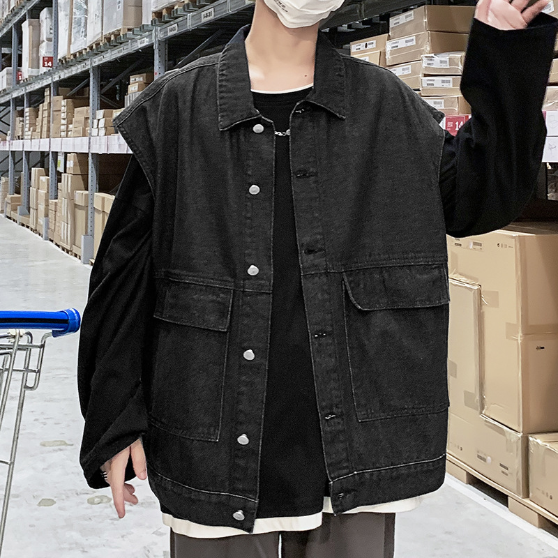 

Turn Down Collar Black Jacket Men Button Up 2020 Autumn Jeans Coats For Man Outerwear Vest Chaqueta Hombre Korean Clothes Male