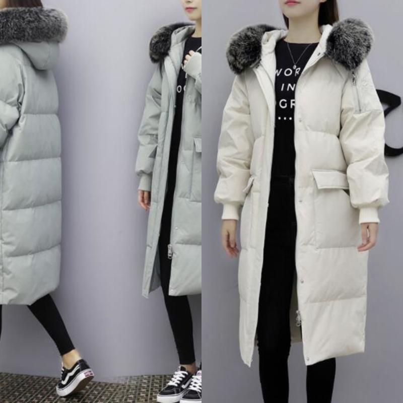 

New High quality Fur Hooded Winter Down Jacket Women Slim Long Parkas Down Coat Female Thick Warm White Duck Jacket, Beige