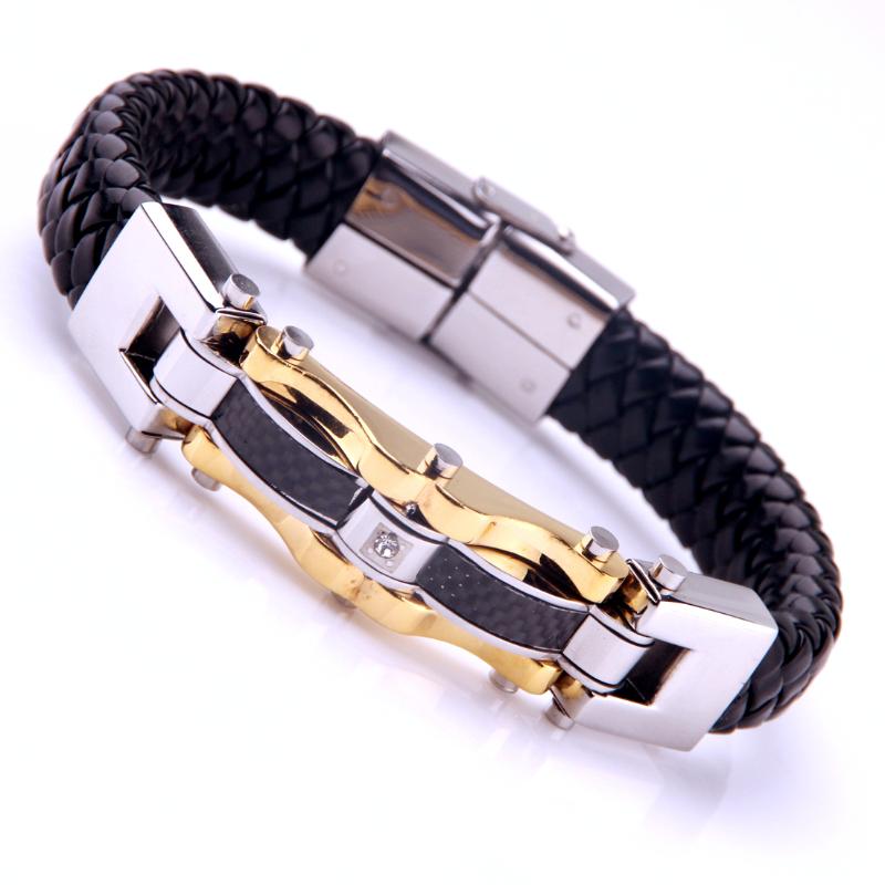 

New Fashion Genuine Leather Bracelet Gold Color Stainless Steel Luxury Jewelry For Birthday Blessing Gift