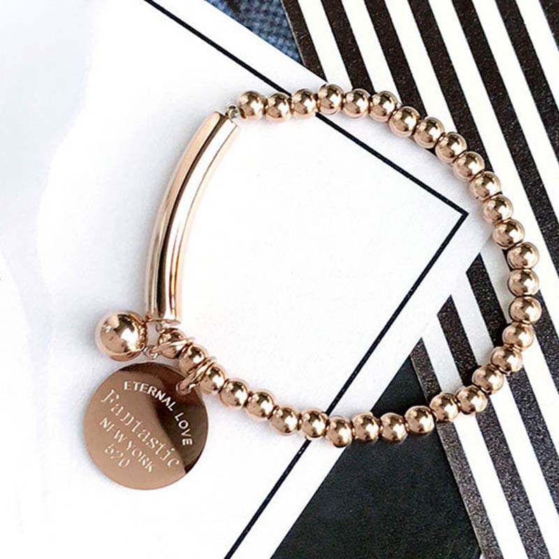 

Women English alphabet phrase bracelet stainless steel circle tag beads elastic bracelet chain female girl fashion party jewelry