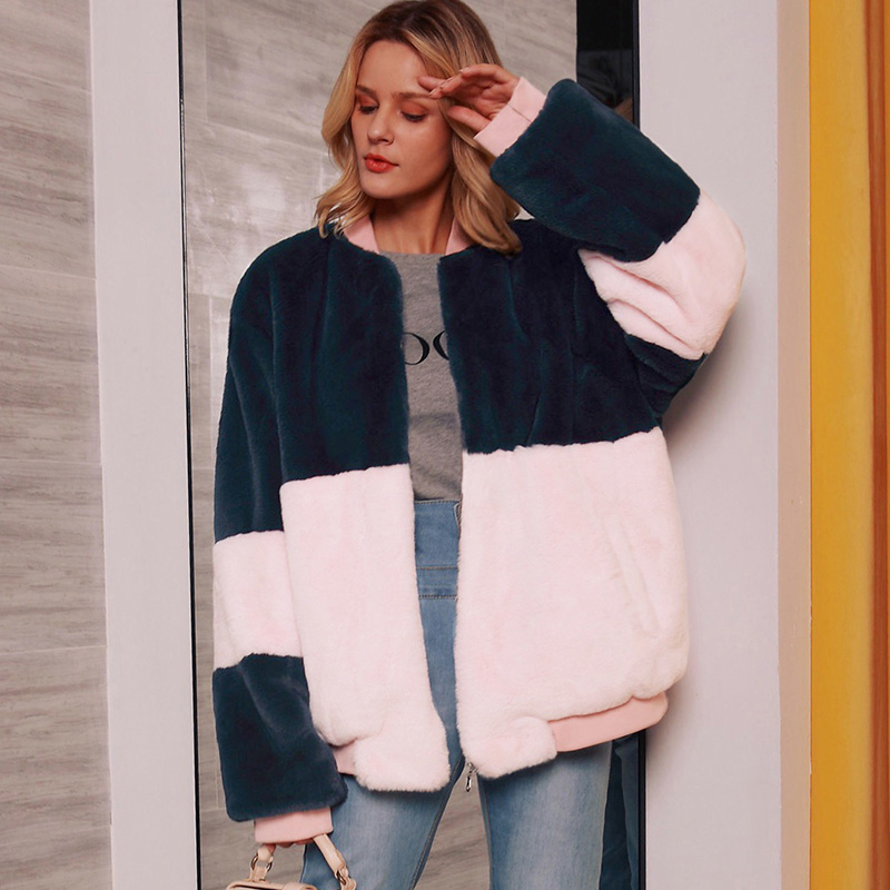 

2020 Autumn Winter Coat Women Fleece Jacket Coat Color Block Long Sleeve Zipper Front Warm Jacket 3XL Plus Size Outerwear female, Pink