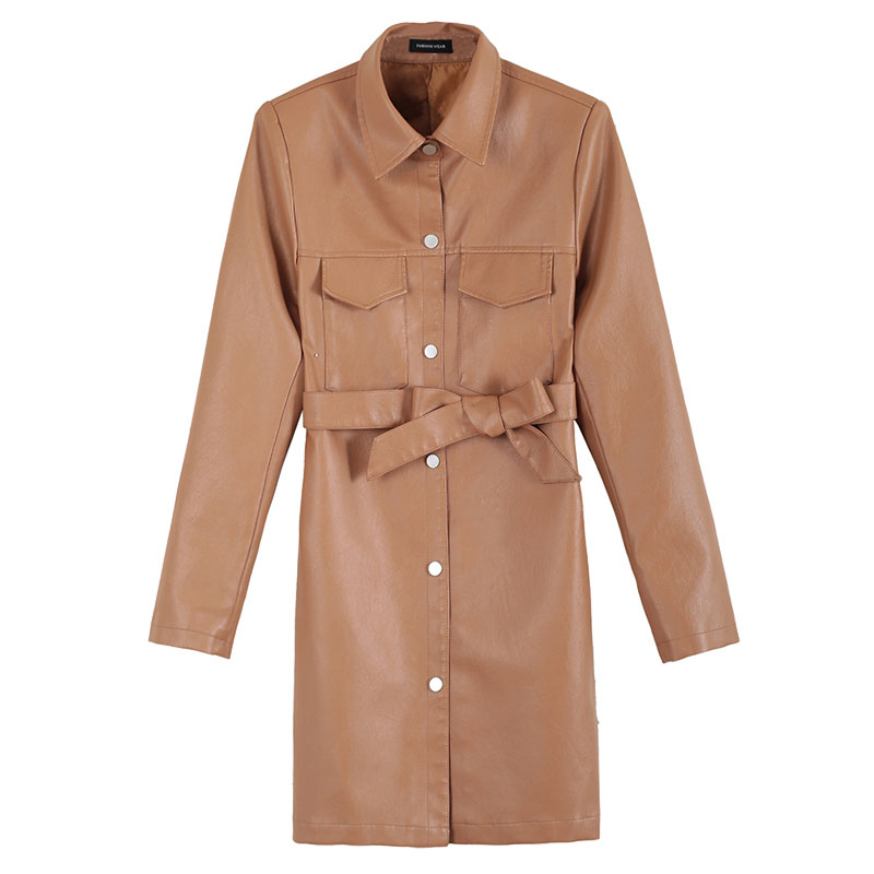 

2020 Haute couture leather Outwear Women long coat Ladies leather trench coat NEW Korean style jackets Free shipping 129, Khaki