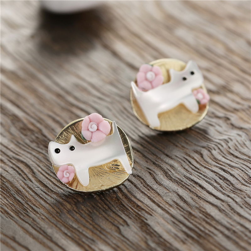 

Small Stud Earrings Round Metal Women Fashion Earrings Pearl Shell Brincos Gold-color Mini Cute Cat Animal Earing Jewelry