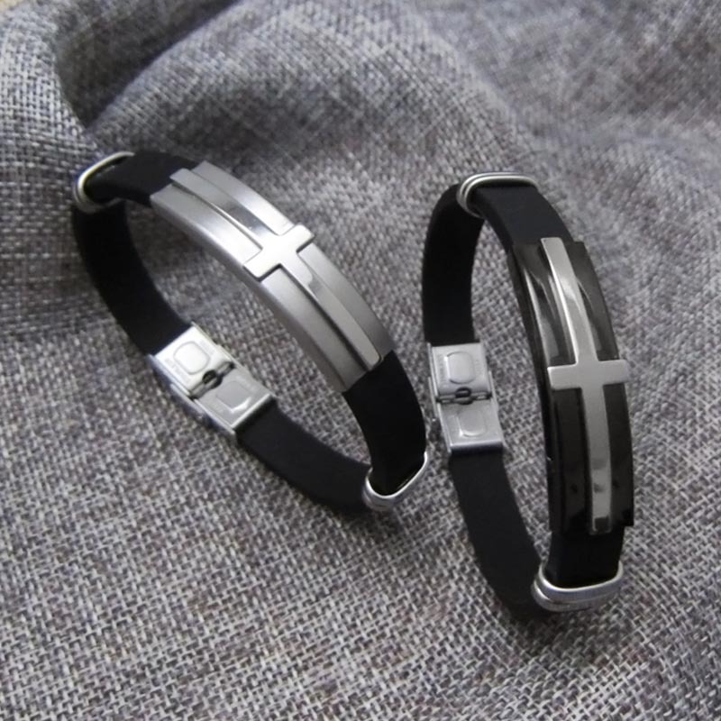 

Cross for Men Black Rubber Bracelets Bangles Male Prayer Armhand Jewelry 21cm
