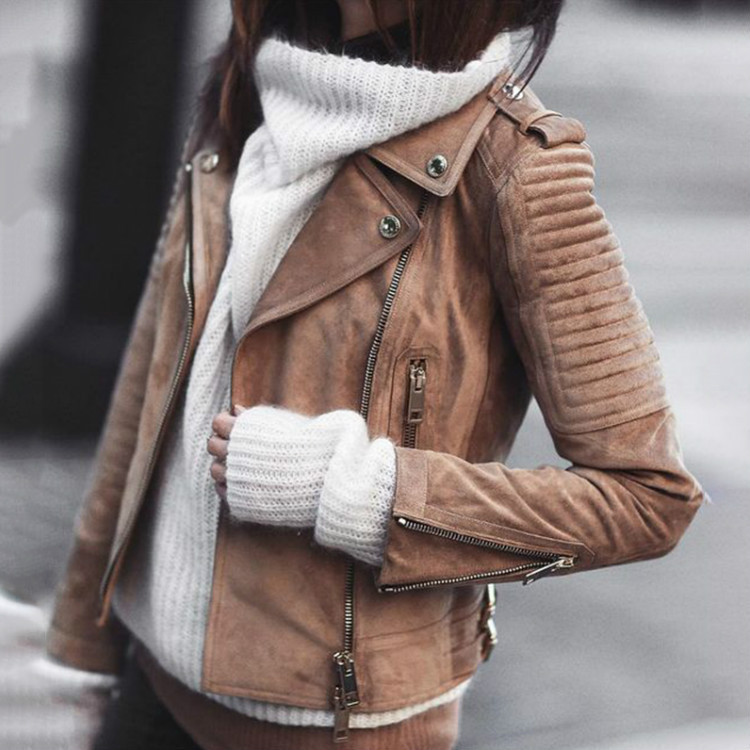 

New autumn women' cardigan inclined zipper short flannelette simple handsome motorcycle jacket slim show thin coat Retro, Black