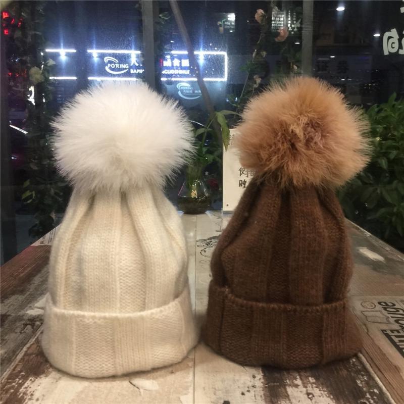 

Trendy Women Knitted Hat All Match Autumn Winter Sweet Cut Fur Top Female Beanies Brief European Chic Cap, White