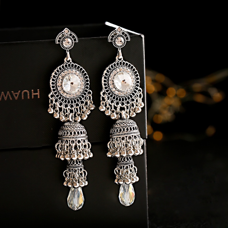 

Dangle & Chandelier TopHanqi Antique Sliver Color Birdcage Bell Tassel Long Earrings For Women Boho Ethnic Round Rhinestone Jewelry