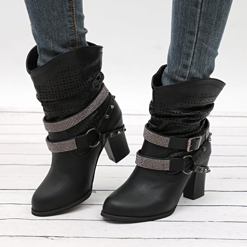 

New Winter Women's Boots Fashion Put-on Square-Heel Mid-calf Boots Round-Toe Buckle Mid-heel PU 2020 Women's Botas Mujer, Beige