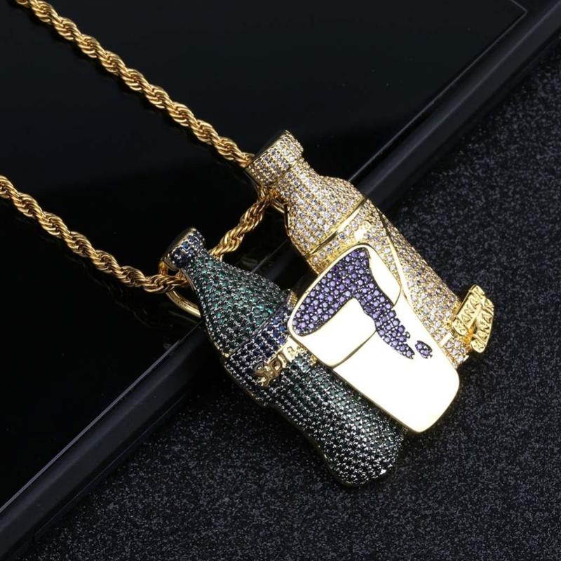 

Shiny Wine Bottle Purple Cup Multicolor Combo Pendant Necklace Gold Color Iced Out Cubic Zircon Men Hip Hop Jewelry