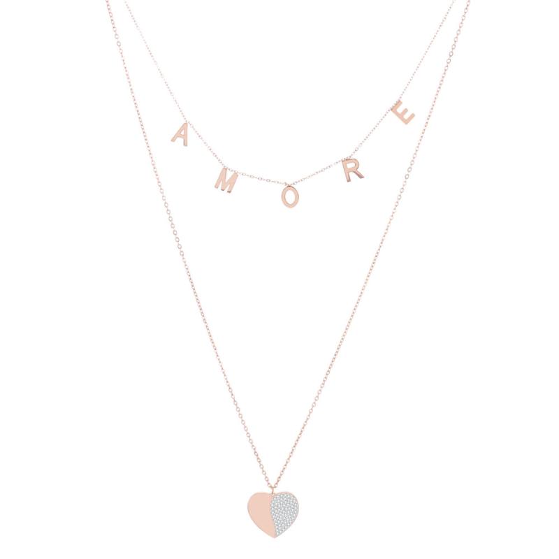 

Stainless Steel Letter AMORE Heart Pendant Necklace Clear Crystal Double Layer Chain Necklace For Women Trendy Jewelry Collier