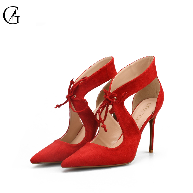 

GOXEOU Women's Sandal Thin Heel High Heels Sexy Summer Cross-tied Party Pointed Toe Handmade Free Shipping size 32-46, Red 8cm heel