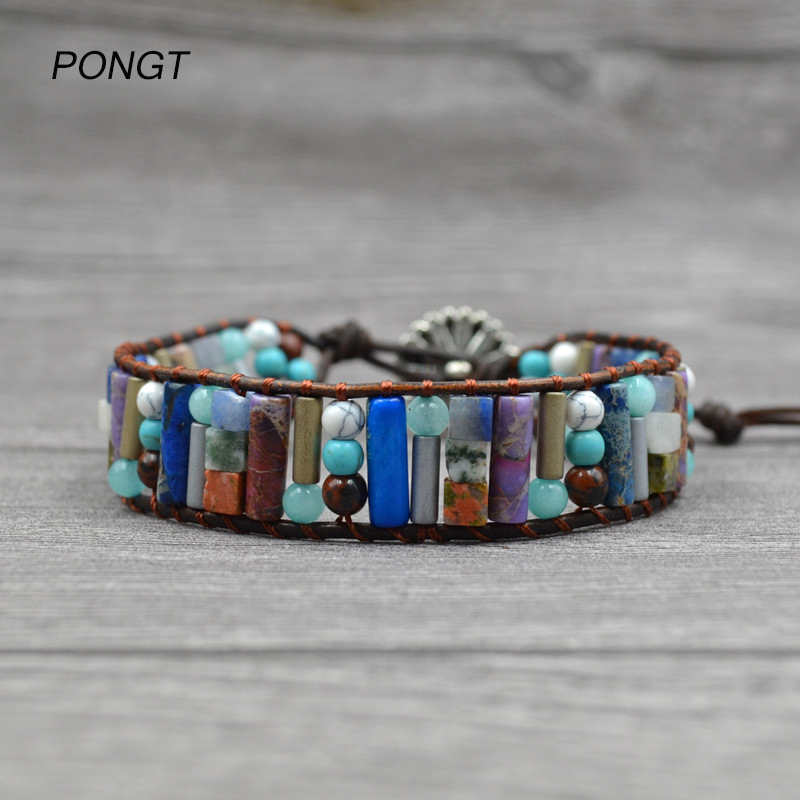 

Handmade Boho Tube Shape Natural stone bracelet Leather Adjustable Wrap for women men Emperor Bead Bracele