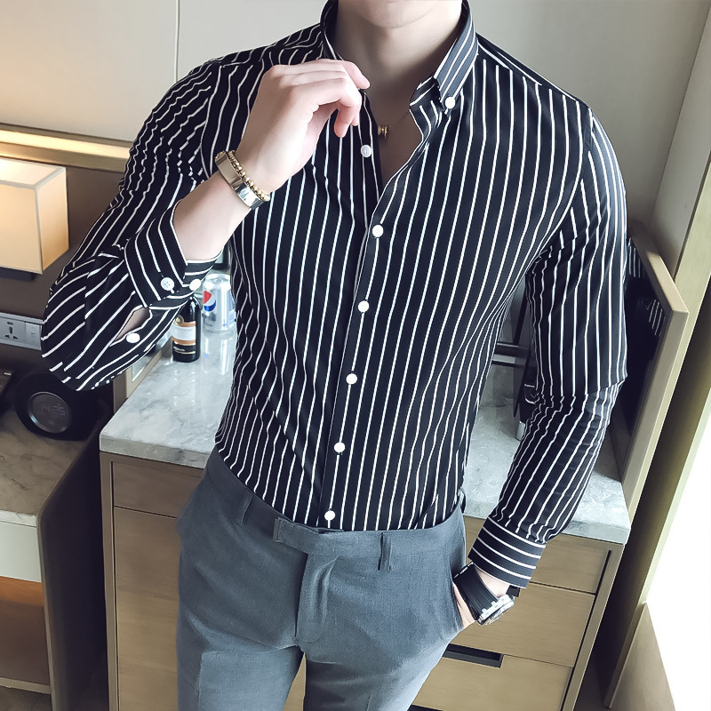 

Striped Shirt 2020 Men's New Button-Down Collar Cotton Dress Shirts Long Sleeve Business Smart Casual Clothing 4XL CS56, Black