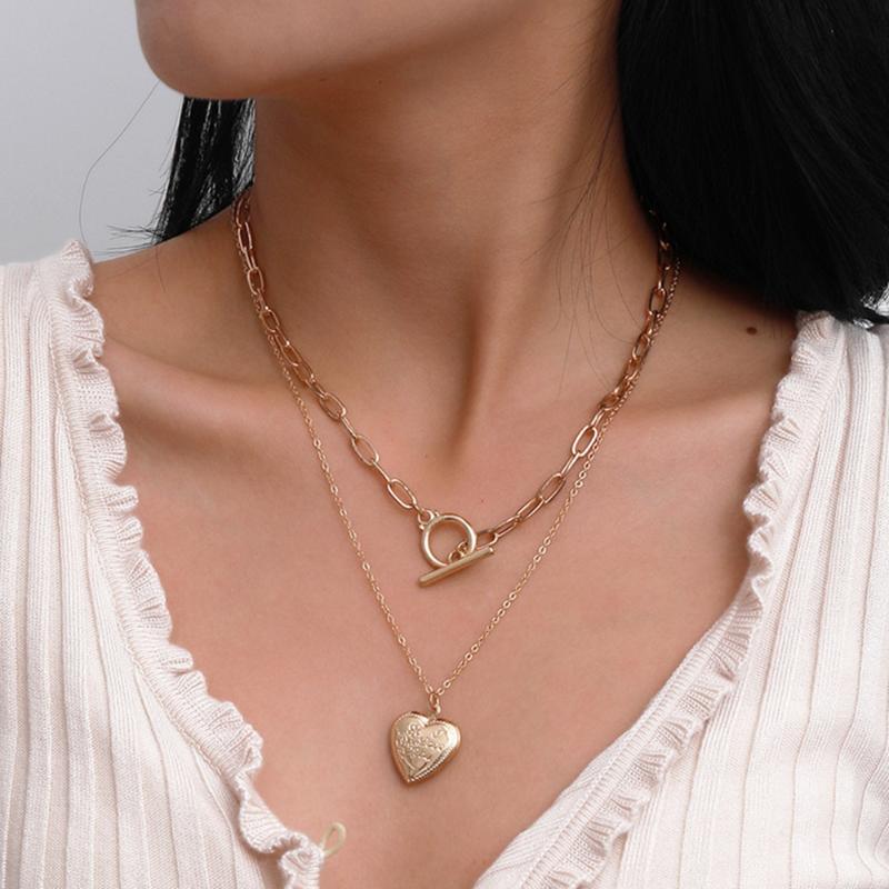 

DIEZI Vintage Simple Clavicle Chain Necklace Women Gold Silver Color Heart Pendant Necklaces Multilayer Statement Jewelry