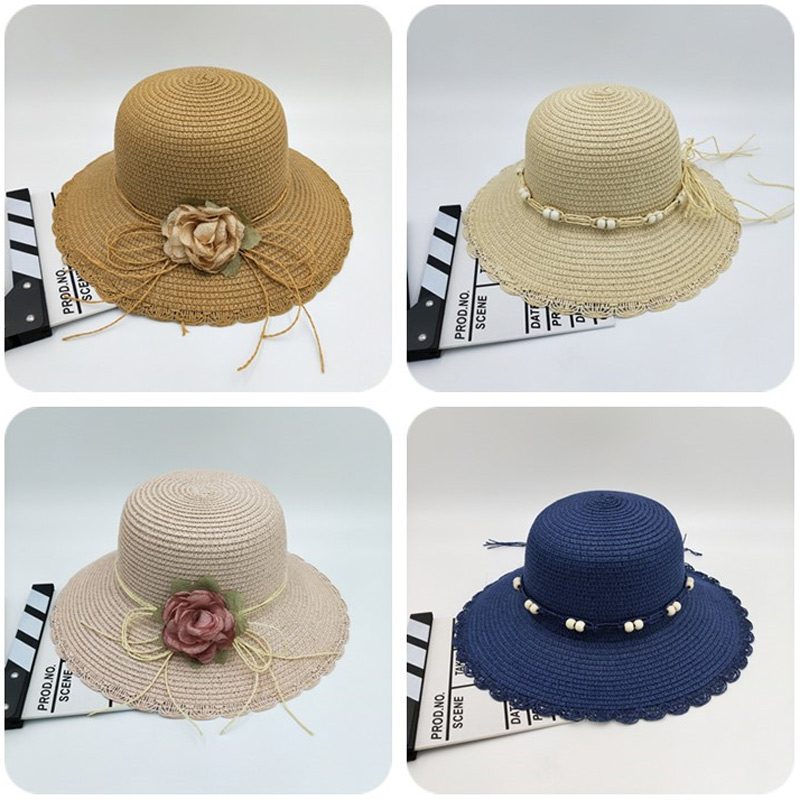 

Summer Sun Hat Panama Beach Women's Cap Hand Made Straw Hats Fake Flower Bow Ribbon, Pink and floral