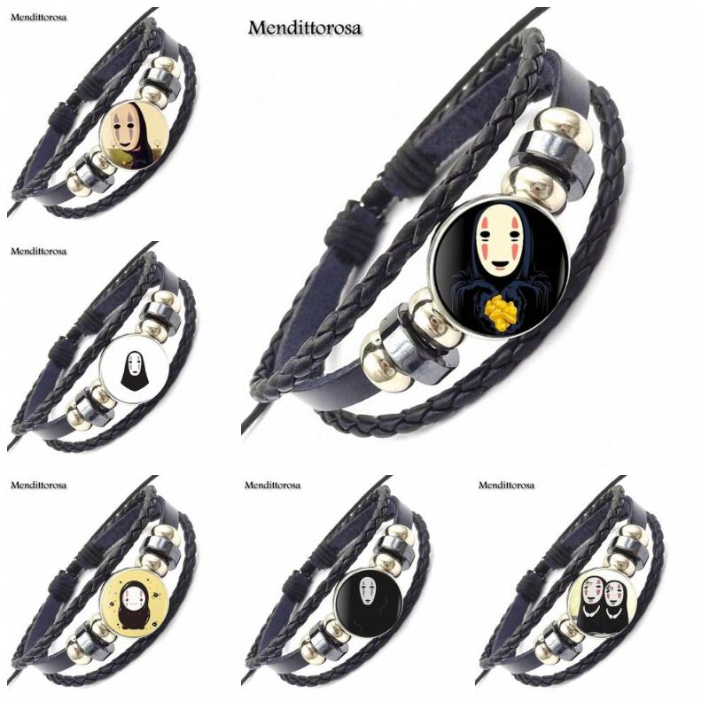 

EJ Glaze No Face Handmade Glass Cabochon Black Leather Bracelet Bangles Jewelry Good Condition For Women Party