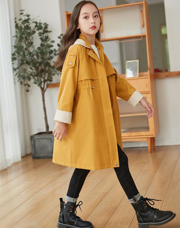 

New Autumn Girls Jackets Cotton Windbreaker with hoodies Chilren clothing casual female girl outerwears trench coat, Orange