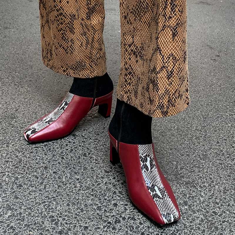 

2020 new winter high heel shoes women's ankle boots genuine leather mixed color serpentine square head botas mujer, Black