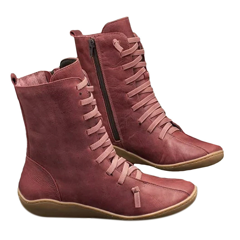 

Black Boots Women Leather Motro Ridding Boots Women Flat Shoes Autumn Winter Casual Zip Bandage Mid-Calf Botas