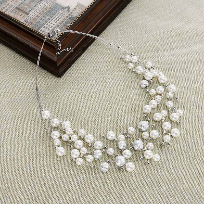 

Women Party Wedding Fashion Jewelry Gold Color Multi Layer Chains Imitation Pearl Necklaces Bride Necklace
