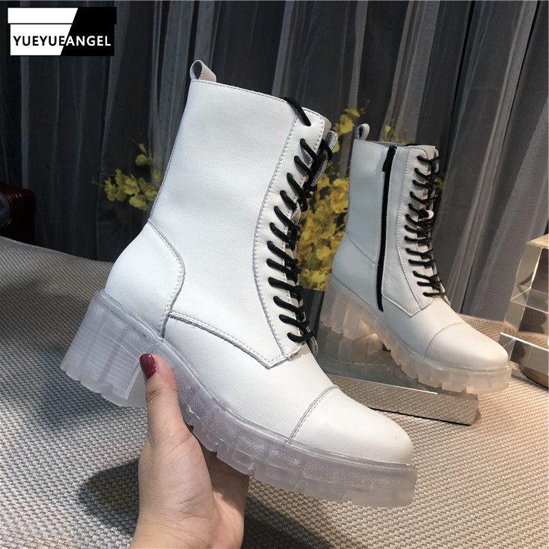 

Women Autumn White Transparent Heels Ankle Boots Leisure Lace Up 100% Genuine Leather Platform Boots Street Biker High-Top Shoes
