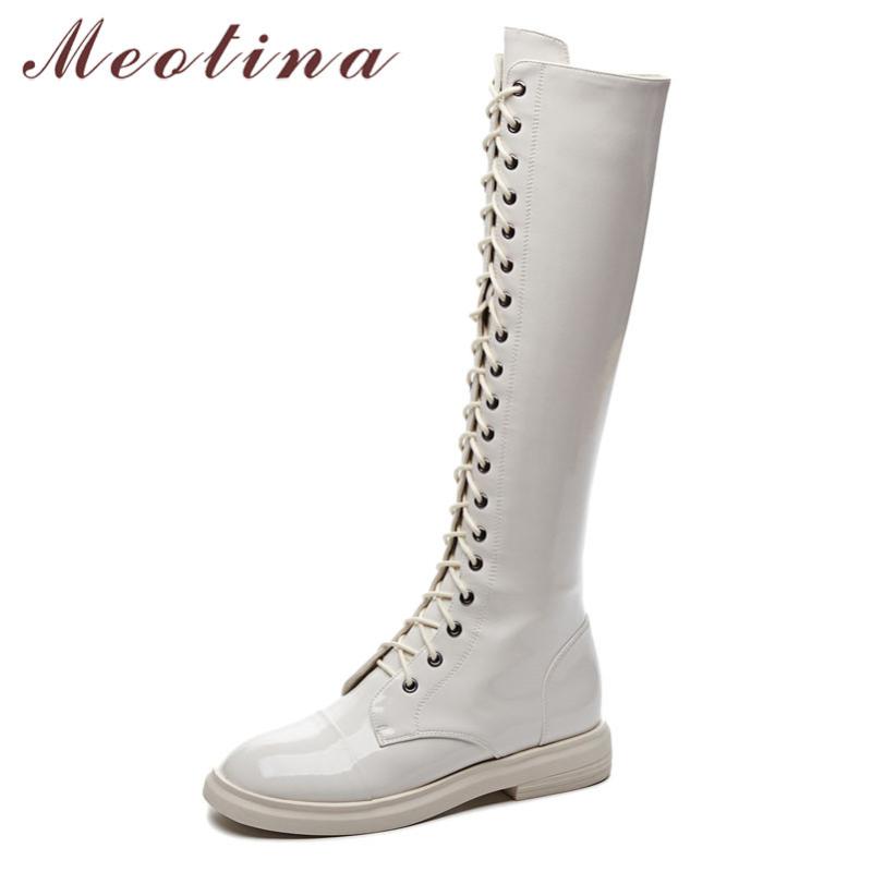 

Meotina Winter Knee High Boots Women Natural Genuine Leather Flat Tall Boots Patent Leather Zipper Shoes Lady Autumn Size 34-39, Beige