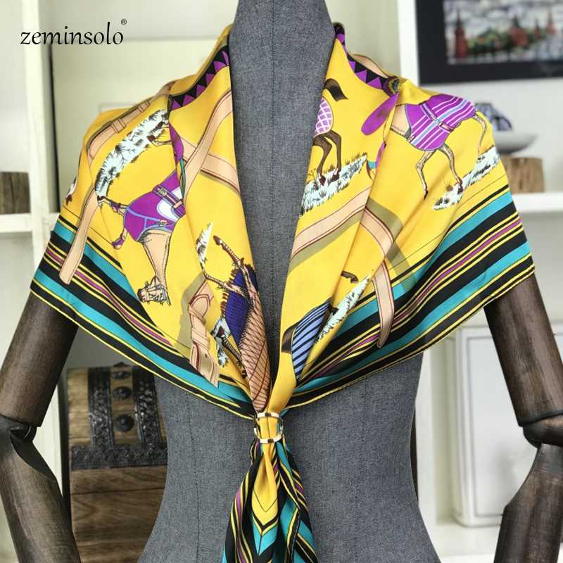 

90*90cm Luxury Women Scarves Polyester Silk Scarf Bandana Horses Printed Patchwork Satin Soft Small Square Wraps Scarves Shawls
