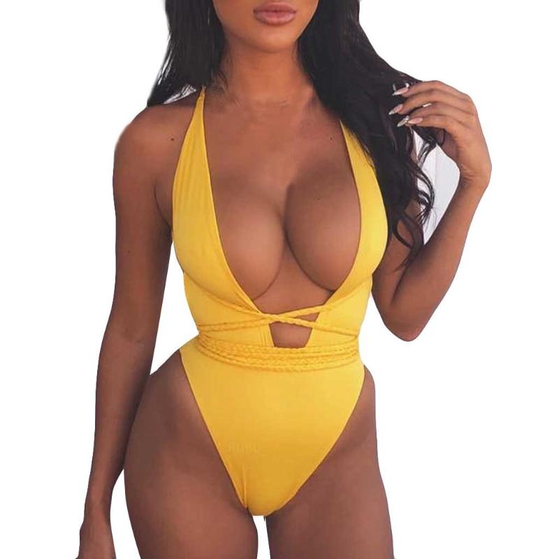 

Women Swimsuit 2020 New Solid V-Neck Color Jumpsuit Push-Up Beach Bandage Bikini Sexy Padded One Piece Swimwe Beachewear X0323, Army green