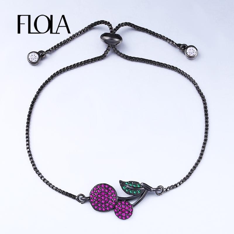 

Charm Bracelets FLOLA Cute Girl CZ Black Chain Link Bracelet Paved Cherry Pandant Jewelry Creative Gift Year For Femme Brta34