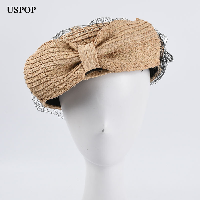 

USPOP summer hats women berets raffia straw beret mesh yarn big bow berets, Black