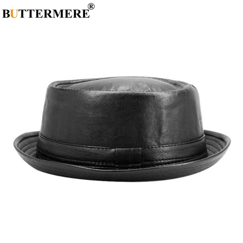 

BUTTERMERE Men Black Leather Trilby Hat Male Fedora Cap Retro Women Vintage Jazz Hat 2020 Spring Autumn Brand Men's Panama Cap