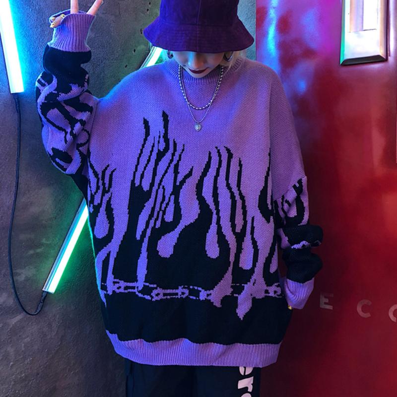 

Winter Flame Print Knitted Sweater Women Pullovers Harajuku Gothic Plus Size Jumper Couple Knitwear Loose Purple Red 2020 Autumn