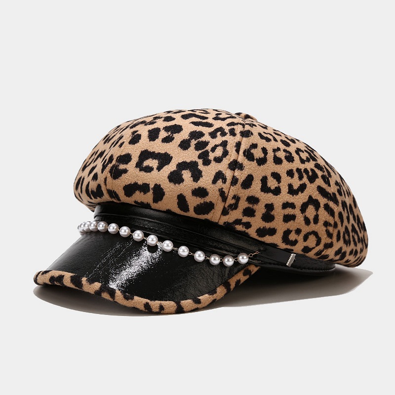 

2020 Leopard print bead Octagonal Hats for women and girl Berets Painter hat Beanie cap 16, Brown
