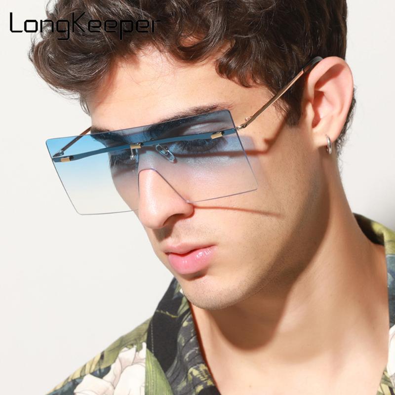 

Sunglasses Oversized Rimless Square Women Men Luxury Fashion Flat Top One Piece Blue Sun Glasses Male UV400 Shades Gafas