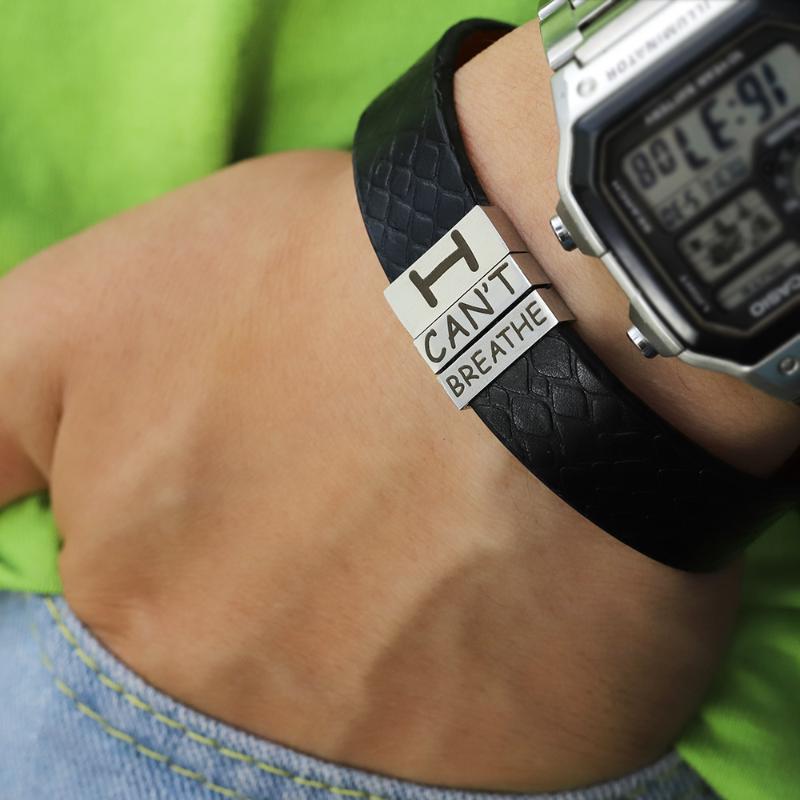 

I Can't Breathe Black lives matter leather bracelet stainless steel for men black simple wide punk bracelet