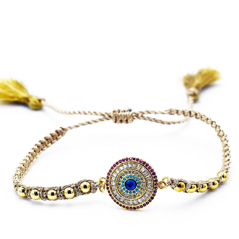 

Golden Color Inlay Rainbow Zircon Evil Eye Braid Rope Bracelets Men Gold Thread String Adjustable Bracelet for Women Lovers Gift