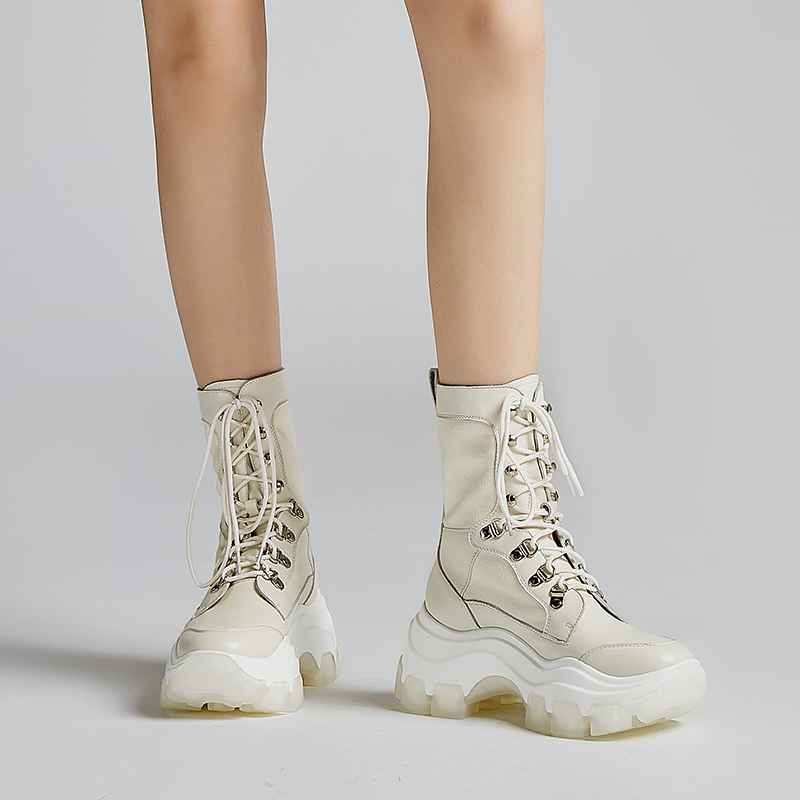 

new winter shoes women's motorcycles boots genuine leather thick bottom high heels lace up keep warm mid-calf boots, Beige