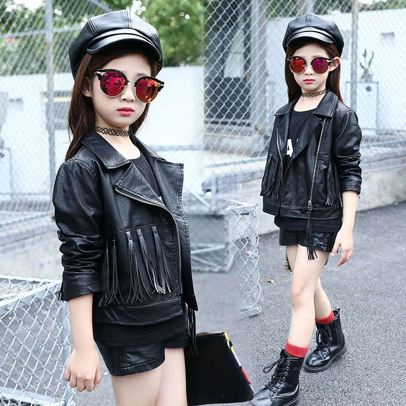 

Children Girls Jacket Autumn Winter Girls Coat Fashion Tassel Kids Tops Outerwear Teenage Girls Leather Jacket Coat, Black