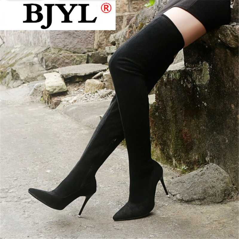 

2020 Winter Fashion Women Thigh High Boots Women's Suede Leather High Heels Zipper Women Over The Knee Boots Plus Size Shoes, Black