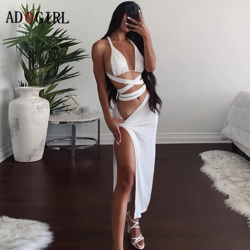 

Adogirl Sexy Women Bandage White Dress Elegant Backless Hollow Out Hight Slit Evening Party Dress Sleeveless Skinny Female