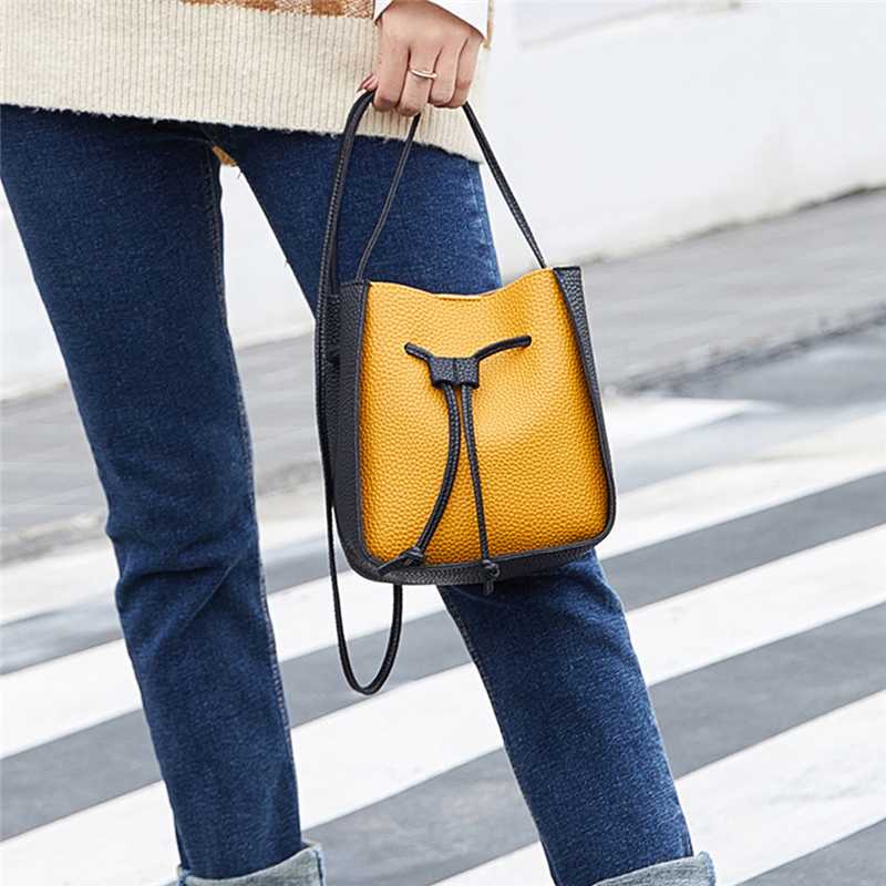 

women's Pu Leather Handbag Shoulder Bag Elegant 2020 One Shoulder Contrast Color Small Round Buckle Sac Main Femme, Yellow