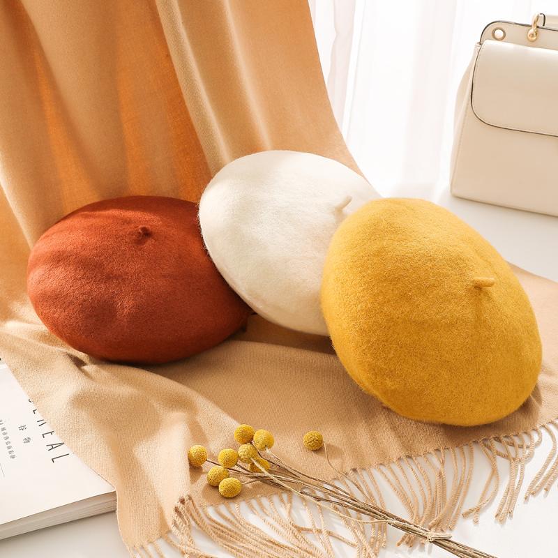 

Women's beret artist fashion matching top hat French beret femme hat retro painter winter warm wool girl beanie 2020 new, White
