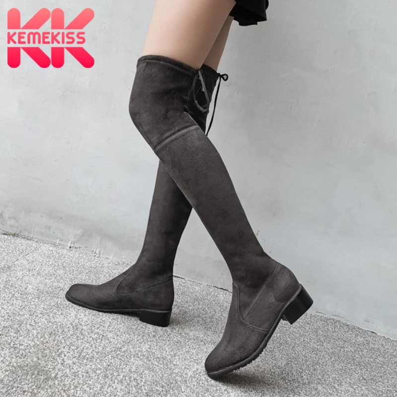 

KemeKiss Women Over Knee Boots Thick Heel Pointed Toe Stretch Flock Shoes Slip On Winter Warm Fashion Party Footwear Size 34-42, Black heel 3cm