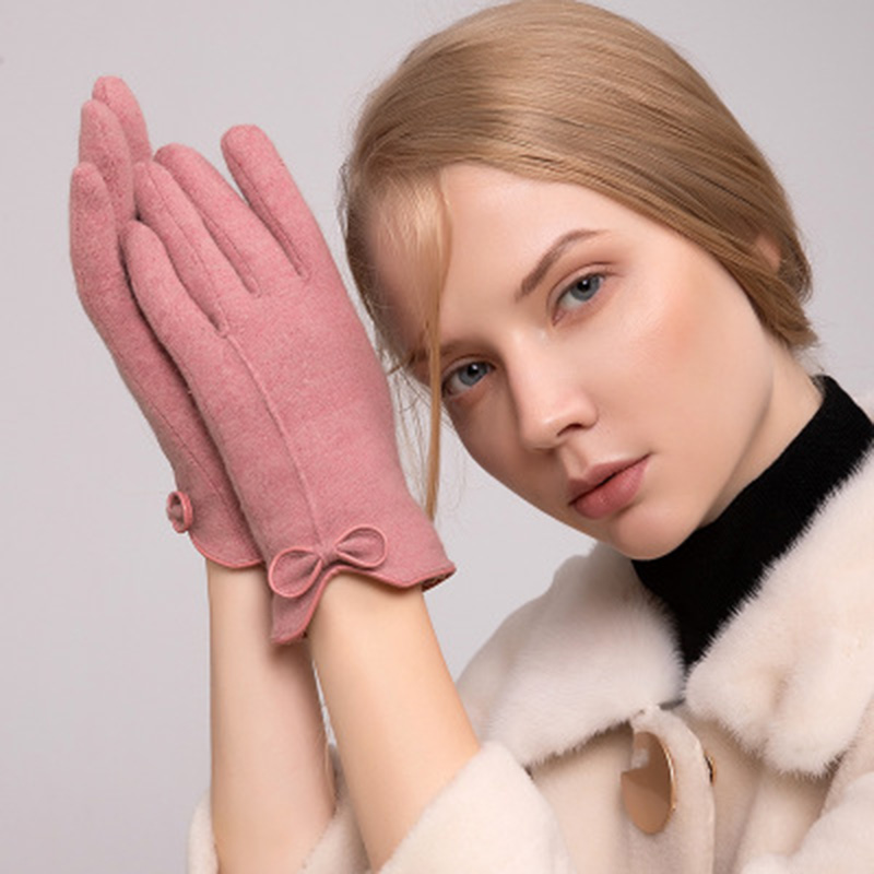 

Winter Female Touch Screen Gloves Women Warm Cashmere Full Finger Leather Bow Gloves Wool Knit Embroidery Driving E38